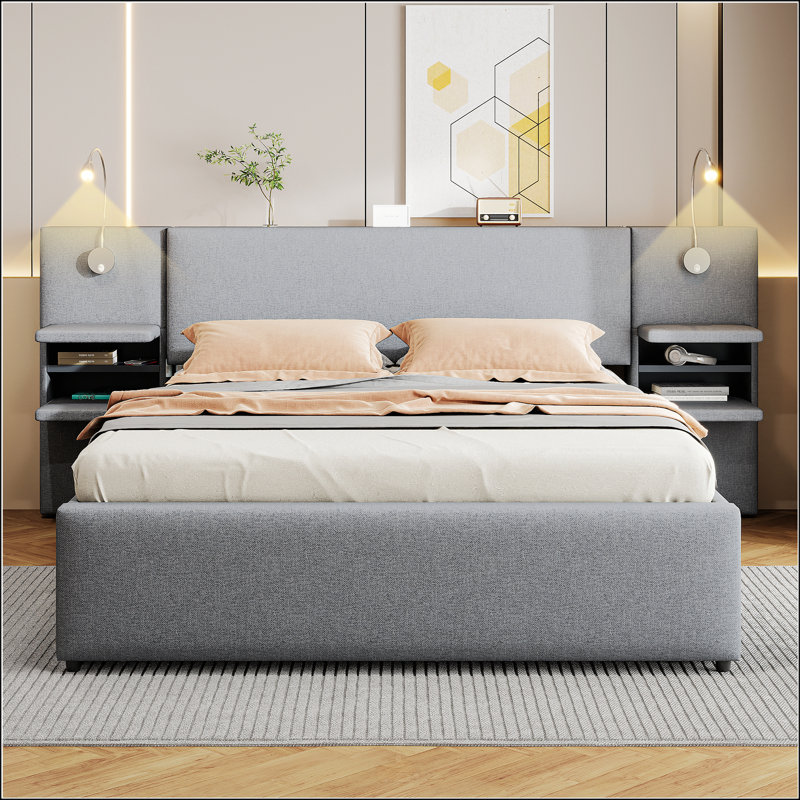 Queen Size Upholstered Platform Bed With Reading Lights