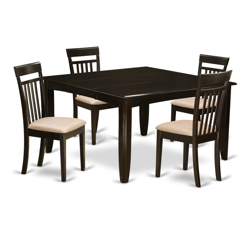5 Piece Dining Set Includes a Square Dining Table with Butterfly Leaf and 4 Linen Fabric Kitchen Room Chairs, Cappuccino