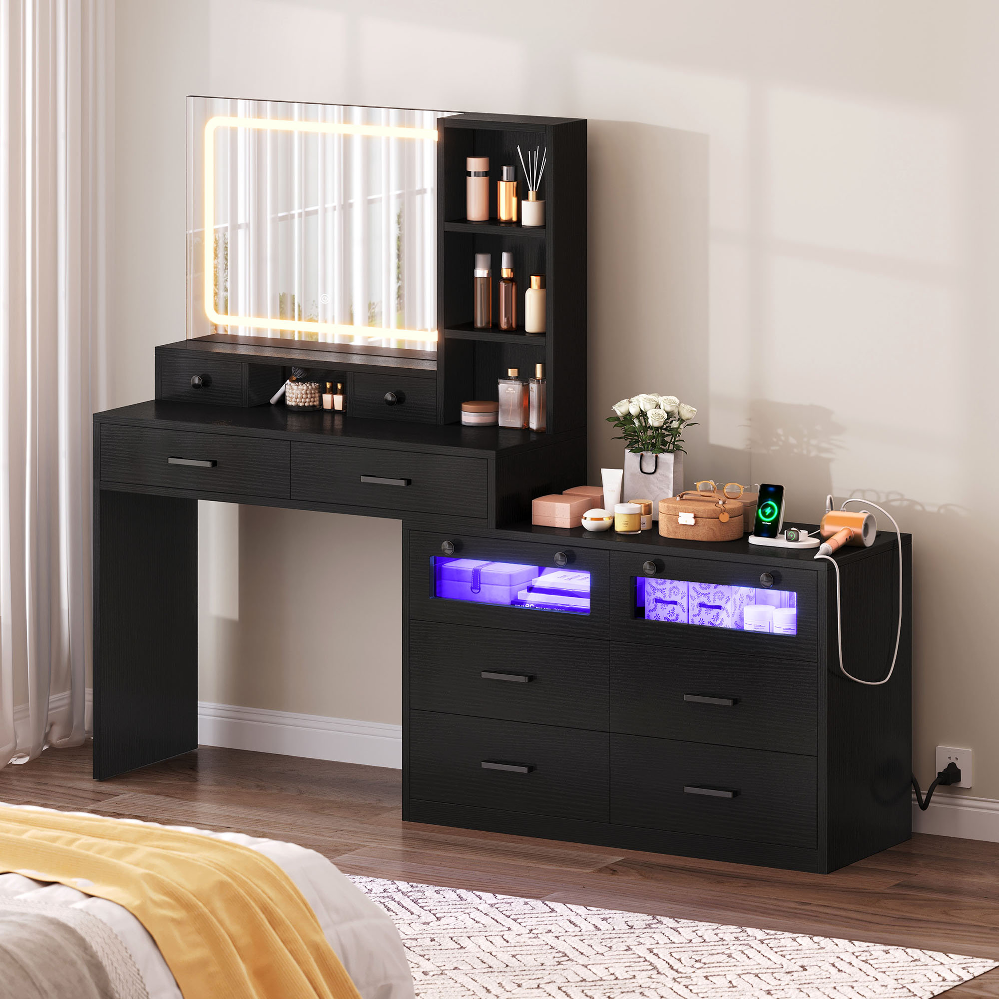 Ivy Bronx 65'' Make up Vanity Desk with Mirror, LED Lights & Power Outlets | Wayfair