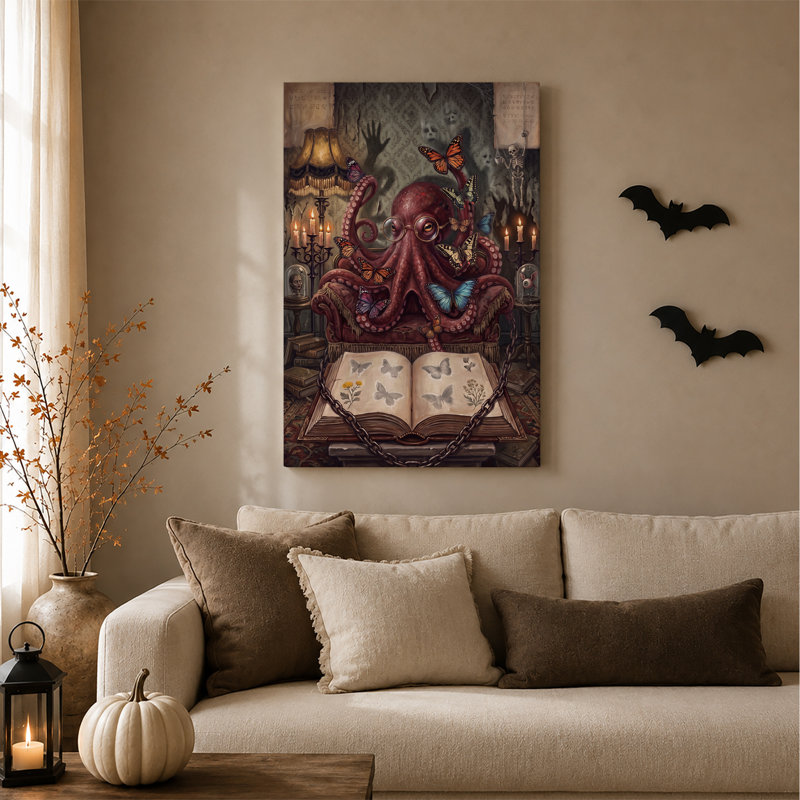 Art mural sur toile rouge avec pieuvre rouge et papillons, H 24 po x l 16 po