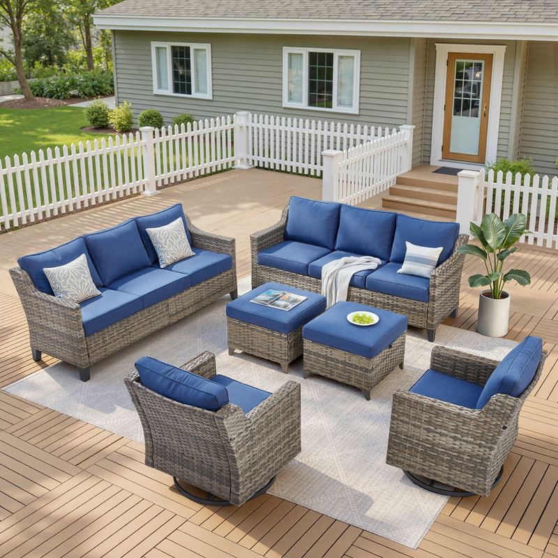 Outdoor Patio Furniture Set-6 Piece High Back Outdoor Furniture Set Sectional Sofa with Wicker Swivel Rocker Patio Chairs,Thick Cushions Ottomans for Porch Balcony Patio Deck Grey/Beige