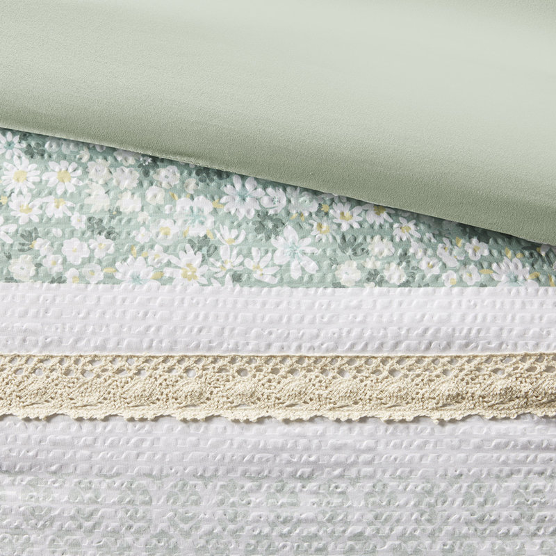 Édredon double / grand en seersucker avec coussins décoratifs - Imprimé chic de différentes nuances de verts, jaunes, literie lavable à la machine 2, 100% floral / botanique