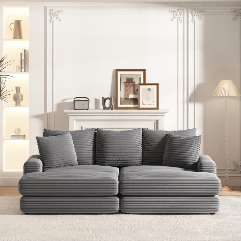Velours côtelé avec 3 coussins de dossier, 2 coussins décoratifs et repose-pieds - Canapé confortable de 86,6 pouces à usage domestique