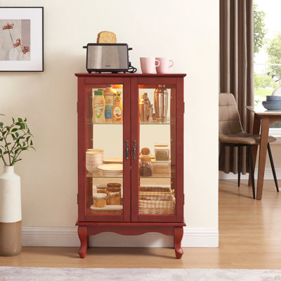Vitrine 2 portes avec portes en verre trempé, panneau arrière en miroir et tablettes réglables