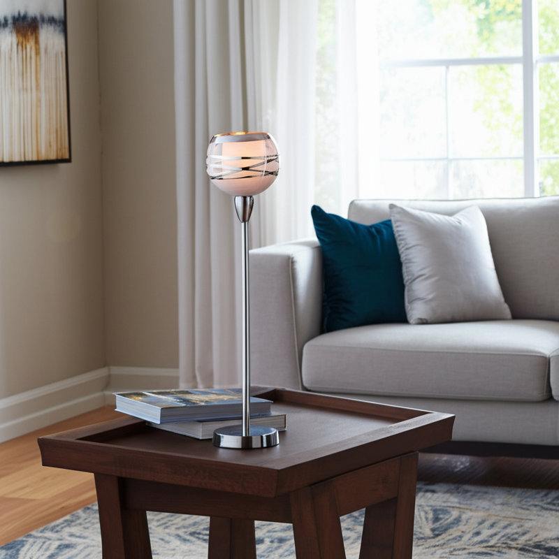 Glam Metal and Aluminum Pillar or Taper Candle Holder with Etched Glass Globe and Sleek Contemporary Design for Decorative Accent and Ambient Lighting in Modern Interiors
