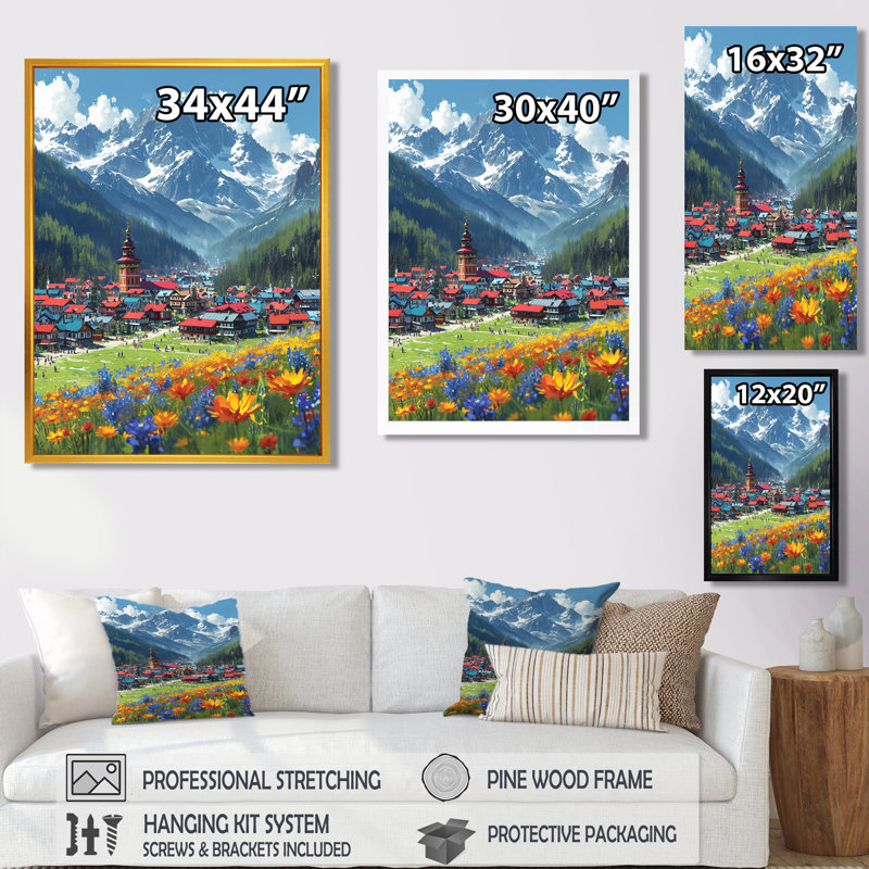 Impression sur toile murale, «Swiss Mountain Town Blossoming Spring Flowers» - campagne, Cadre flottant blanc, bois massif