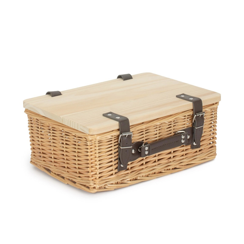 Buff Willow Empty Picnic Basket with Pinewood Lid, 15cm H x 36cm W x 25cm D