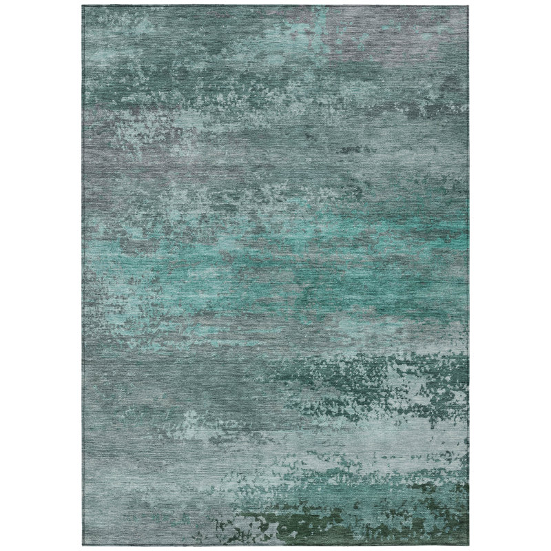 3' X 5' Teal Blue Gray And Pale Aqua Abstract Washable Indoor Outdoor Area Rug