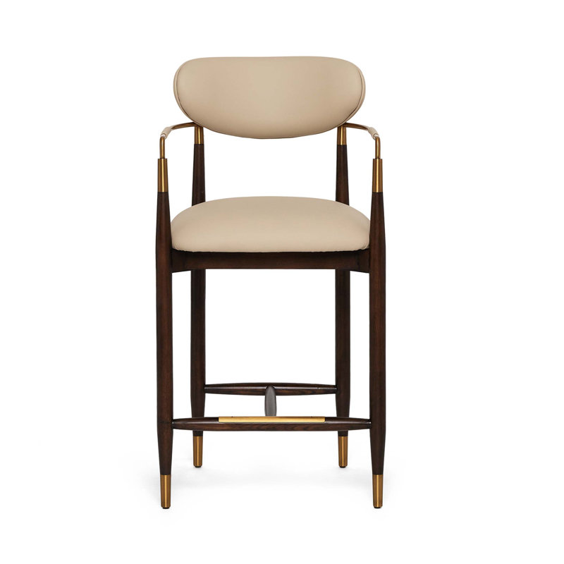 Cidra Upholstered Stool, Counter Stool (26.5" Seat Height), Cream Latte Seat/Classic Walnut/Satin Brass Frame