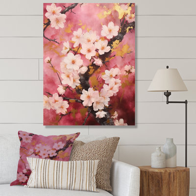 «Cherry Blossoms», collage rose foncé sur toile