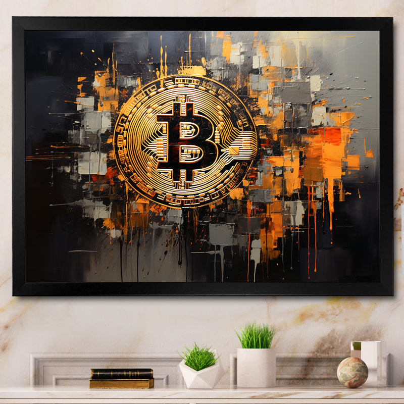 Or et gris - Crypto monnaie - art mural mode, Cadre d'angle fermé noir, H 20 po x l 12 po x P 1 po