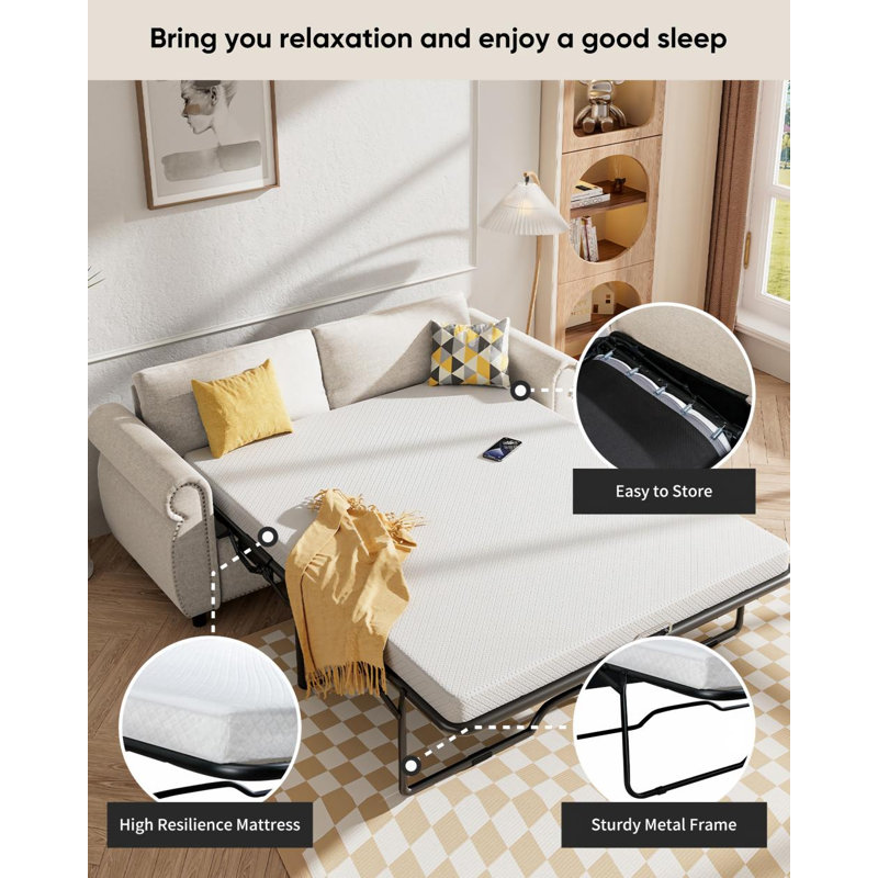 Causeuse-lit 74 po en lin avec matelas en mousse à mémoire de forme, beige, H 30 po x l 74 po x P 29 po, Beige