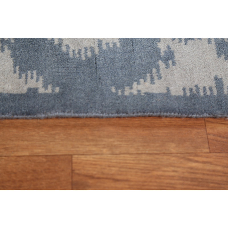 Tapis bleu marine / gris en laine noué à la main de conception unique 7 pi 11 po x 9 pi 10 po