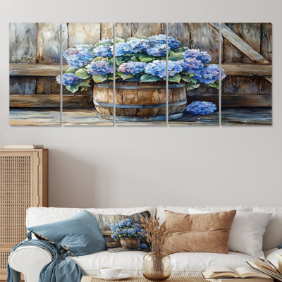 Hydrangées dans un tonneau en bois - Art mural hortensia - Art mural traditionnel sur toile