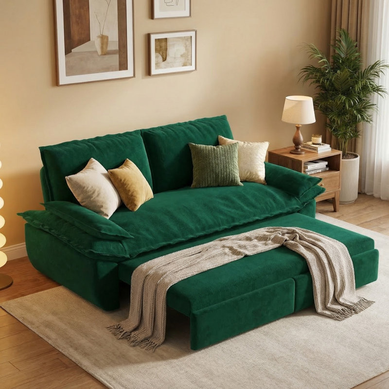 73.21" Queen Pull Out Sofa Bed, 3-in-1 Convertible Sleeper Sofa Bed for Living Room, Green Velvet