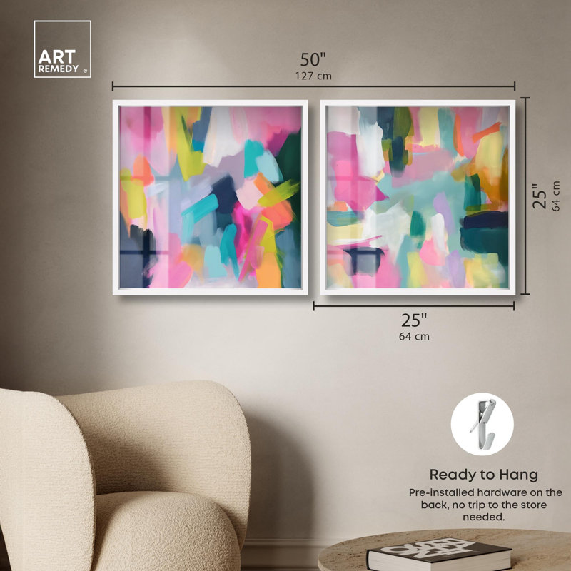 «Flamingo Mist Set Shadowbox Print Modern Abstract Art Set» par Art Remedy, cadre blanc, 24 x 24, 25" H x 25" W, White Frame