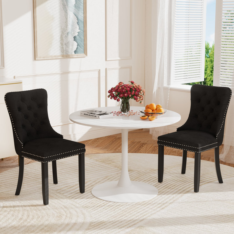 Round Pedestal Dining Set with 2 chairs, Black, White/White