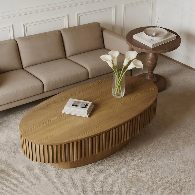 Table basse ovale avec rangement 47 po, placage en bois massif, brun