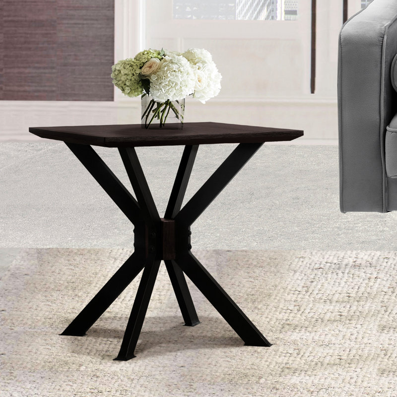 Table d'appoint pirate moderne, fini grain de café brossé, métal et placage, dimensions : 23,6 pouces, structure en bois massif.