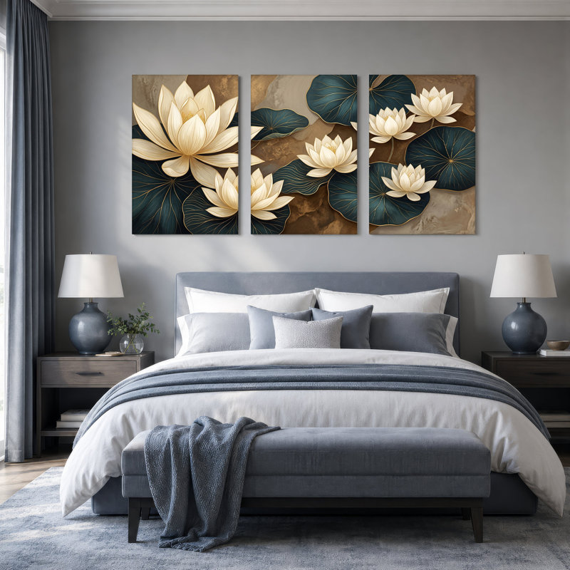 Fleurs de lotus crème avec feuilles bleu sarcelle, ensemble de 3 toiles, H 18 po x l 12 po x 3 pièces