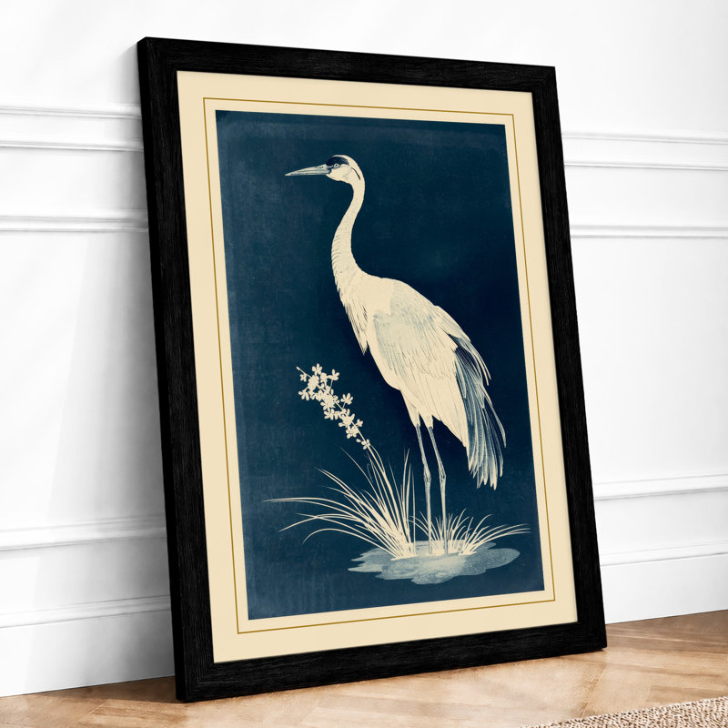 Crane Reflection Japandi Framed Art Print, A2 - 59.4 x 42.0 cm, Black