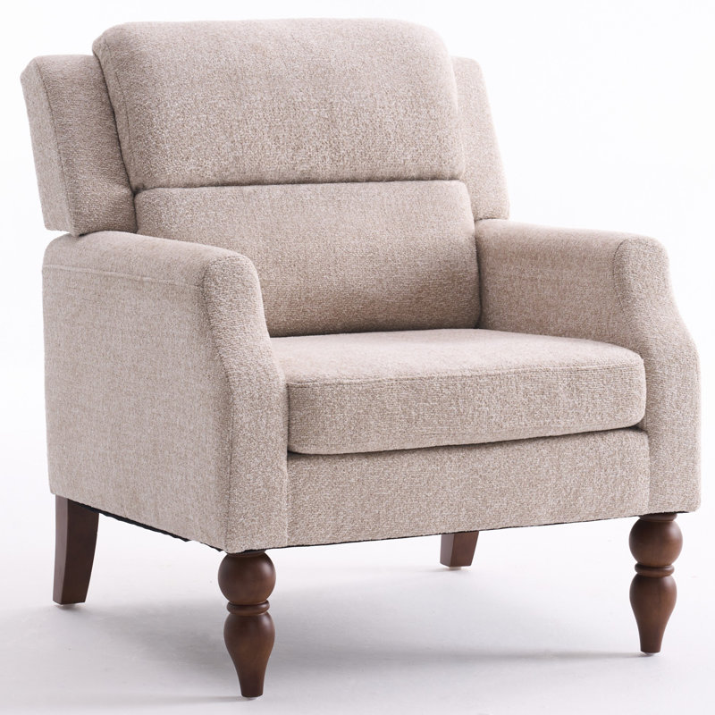 Mid Century Upholstered Accent Chair Wingback Armchair with Solid Wood Legs, Oatmeal Boucle