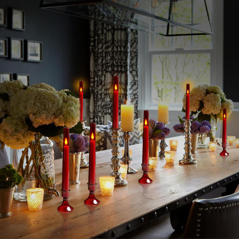 Flameless Taper Candles With Remote,6 PC Acrylic Battery Operated Candles With Candlesticks,Flickering Led Window Candles For Home Table And Wedding Decor(Red)