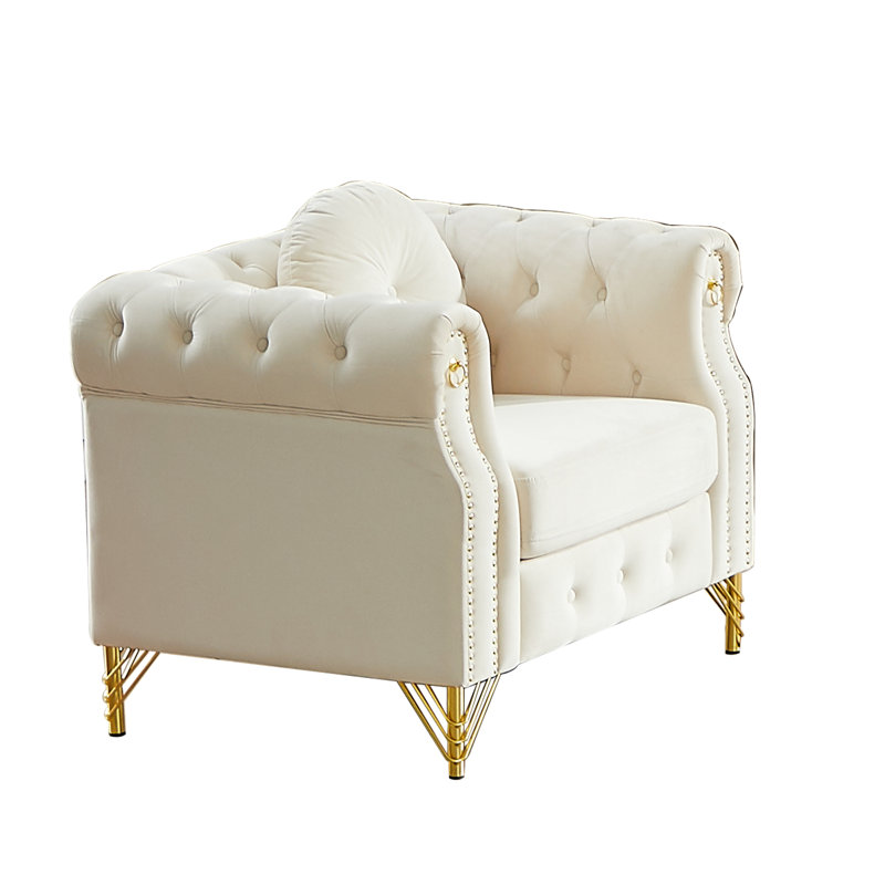 Canapé Chesterfield en velours avec coussins ronds, Beige