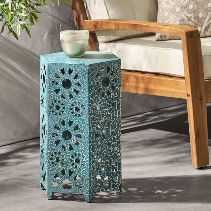 Table d'appoint en fer 12 po - Design moderne sarcelle craquelé léger, idéal pour le patio et pour l'intérieur