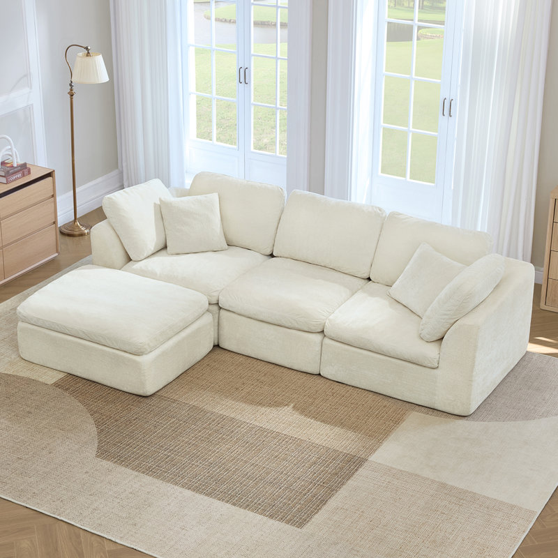 108" 4-Piece Modular Sectional Sofa With Chenille Fabric, Frameless Design & Cloud-Like Comfort, Cream Polyester
