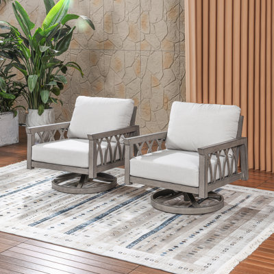 Ensemble de 2 fauteuils pivotants d'extérieur avec structure en aluminium et coussins d'assise profonds, chaises longues pour terrasse, jardin et balcon, chêne blanchi