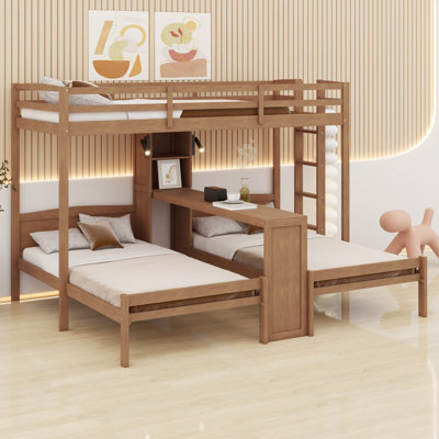 Sturdy Wood Bunk Bed Frame with Desk, Storage Shelves, Reading Lamp and 3 Beds in 1