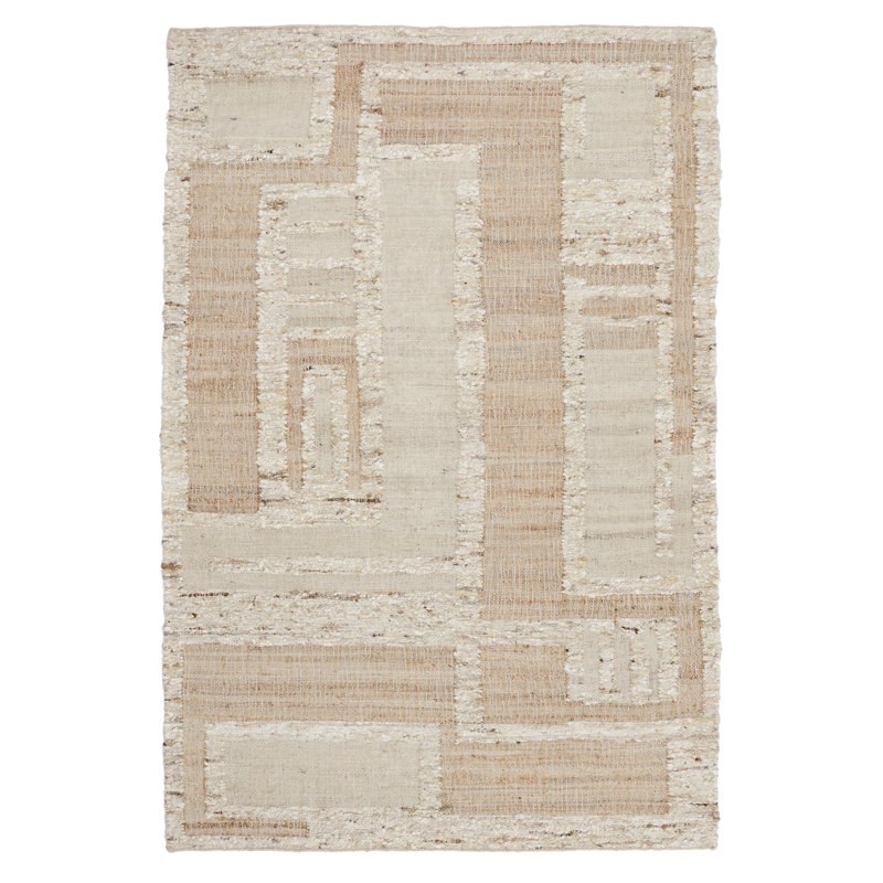 Ivory and Beige Handmade Wool Cotton Flat Woven Rug