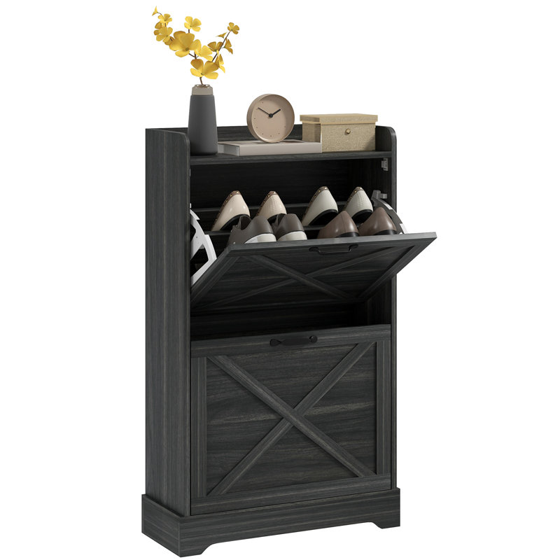 Slim Shoe Cabinet For Entryway, Farmhouse Hidden Shoe Storage Cabinet With 2 Flip Drawers And Adjustable Shelves For 8 Pairs Of Shoes