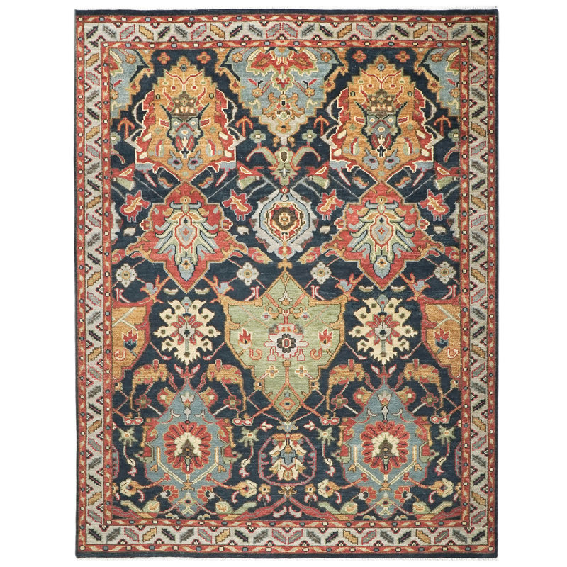 Tapis bleu en laine noué à la main 8 pi 11 po x 12 pi 1 po Oushak