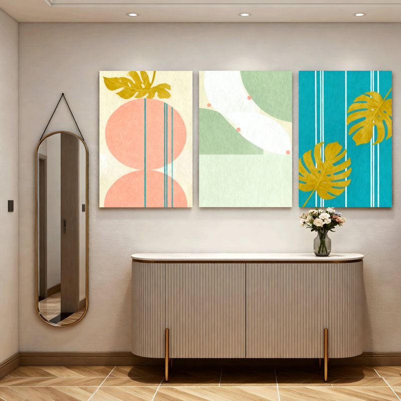 Feuilles tropicales et formes géométriques, art mural, reproduction abstraite moderne (ensemble de 3), H 36 po x l 72 po