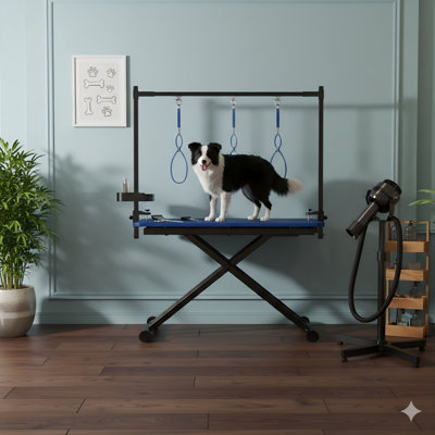 47 Inch Blue Large Breed Dog Grooming Platform, X-Lift Folding Grooming Table For In-Home Use, Height-Adjustable Arms, Pet Station Including Nooses And Tool Organizer