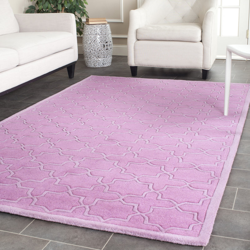 Tapis rose en laine touffeté et fabriqué à la main à motif géométrique Carolene, Rectangle 8 pi 9 po x 12 pi