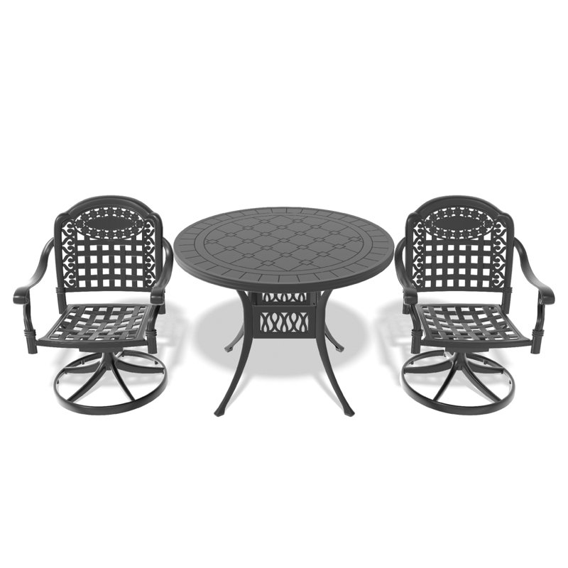 Ensemble de salle à manger 3 pièces en aluminium coulé toutes saisons comprenant 2 chaises pivotantes et une table ronde de 39,37 po avec cadre