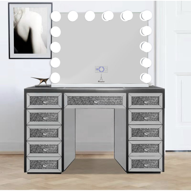 Ensemble coiffeuse Hollywood avec miroir, Blanc, H 27 x l 31,5