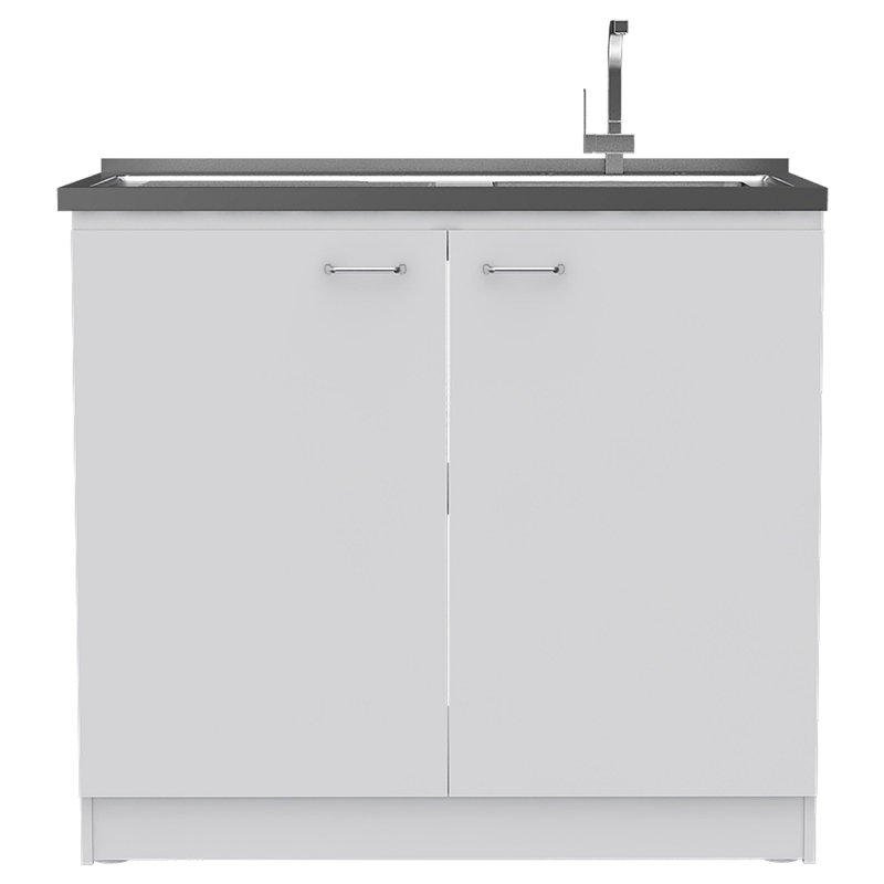 Rectangle 2-Door Utility Sink And Cabinet, White, Natural
