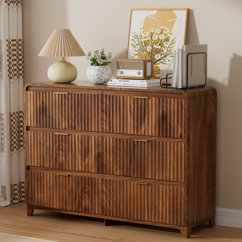 6 Drawer Dresser for Bedroom, Fluted Modern Chest of Drawers with Mrtal Handle for Living Room, Walnut , Walnut