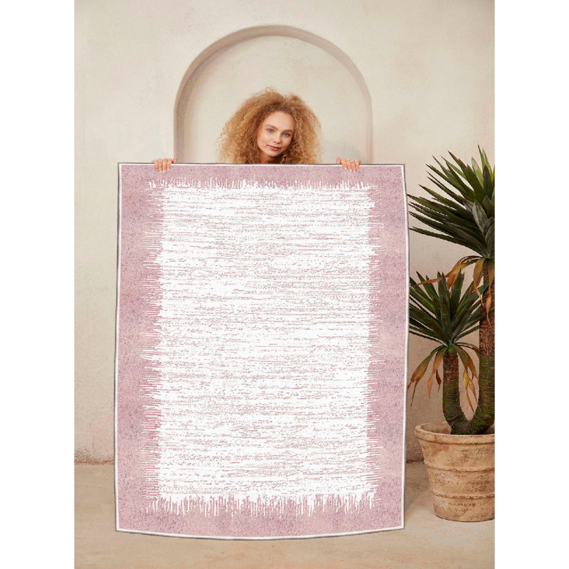Warenne Premium Cotton Area Rug, 4.6 x 7.2 ft | 100% Cotton, 1200 g/m², Pile Height: 0.4 in | Antibacterial, Non-Slip PVC Underside, Machine Washable | Elegant Cream & Pink Design for Living Room & Bedroom Decor
