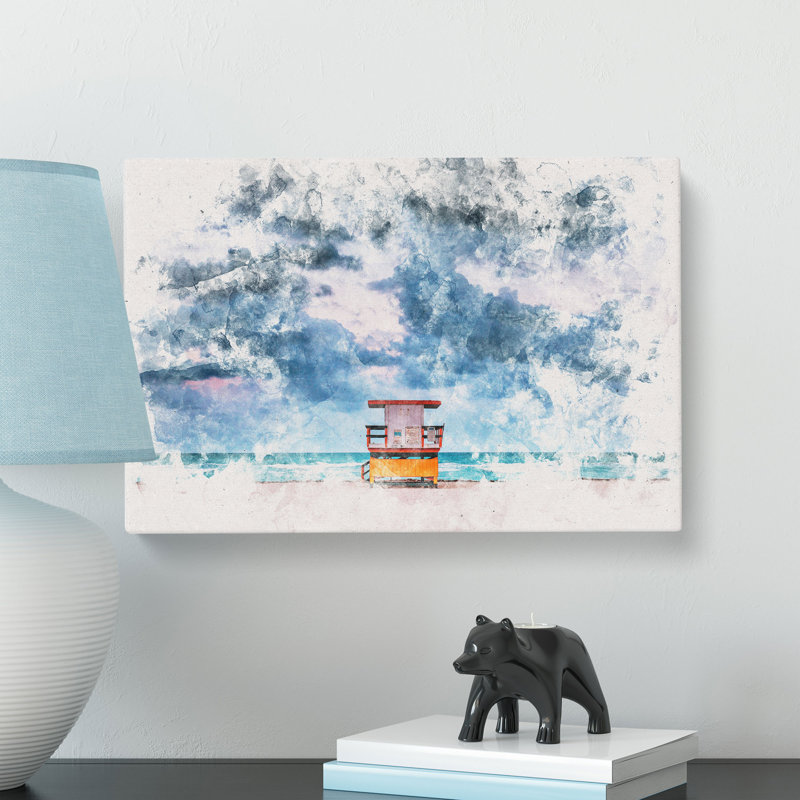 Lifeguard Hut on Miami Beach Florida Watercolour - Wrapped Canvas, 50cm H x 76cm W x 3cm D