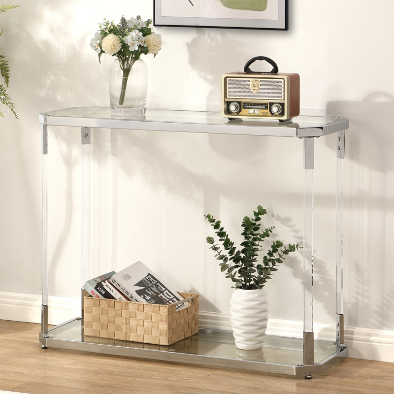 Modern Chrome And Acrylic Console Table With Glass Top And Storage Space