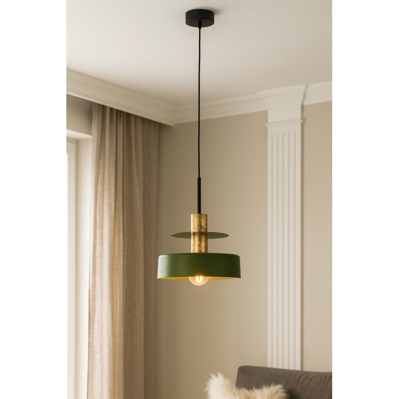 1 - Light Matte Black Drum Pendant, Khaki/Gold