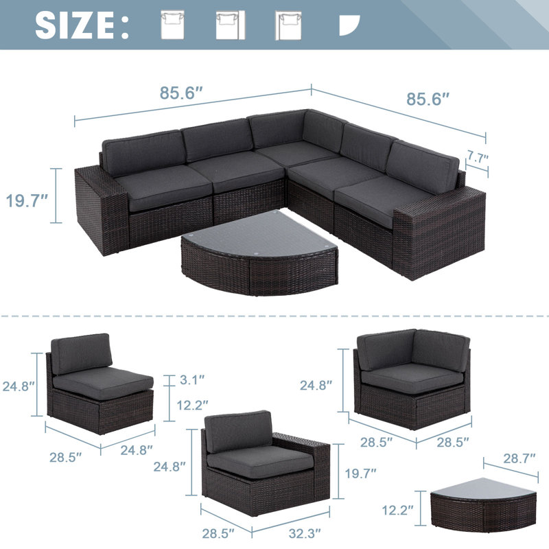 Wicker 5 - Person Modular Patio Conversation Set with Cushions, Dark Grey