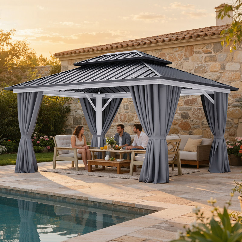 10 Ft. W x 12 Ft. D  Outdoor Aluminum Hardtop Gazebo with White Frame, 12 ft. W x 10 ft. D