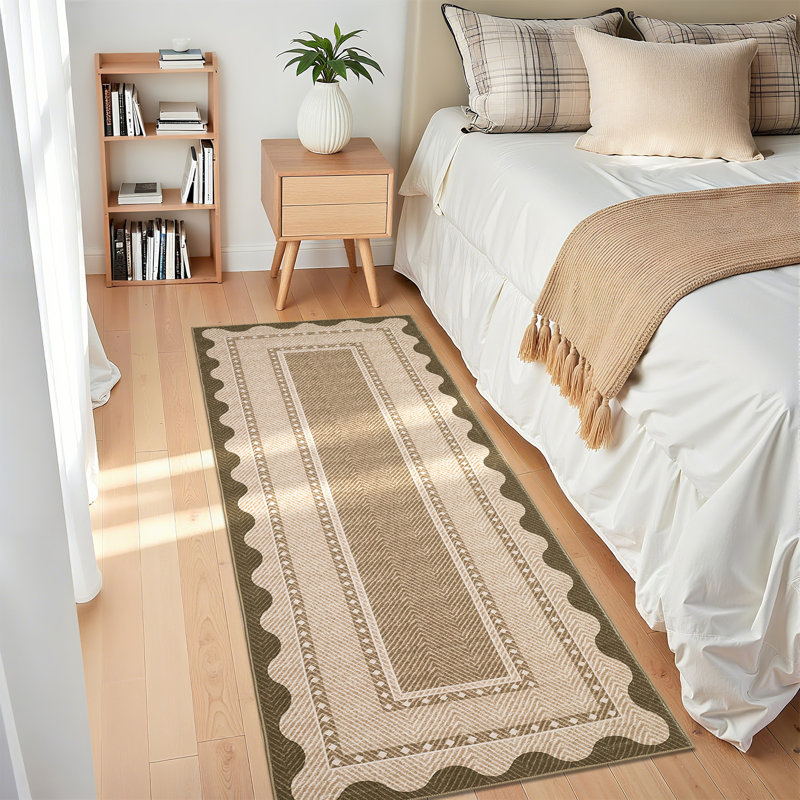 Modern Neutral Non Slip Washable Rugs, Contemporary Border Print Pattern Foldable Soft Carpet, Low Pile Floor Mat