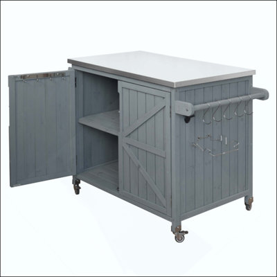 Outdoor Kitchen Island With Side Shelf, Outdoor Grill Cart With Storage Cabinet, Outdoor Kitchen Cabinet With Stainless Steel Top, Adjustable Shelf And 4  Wheels For Pizza Prep